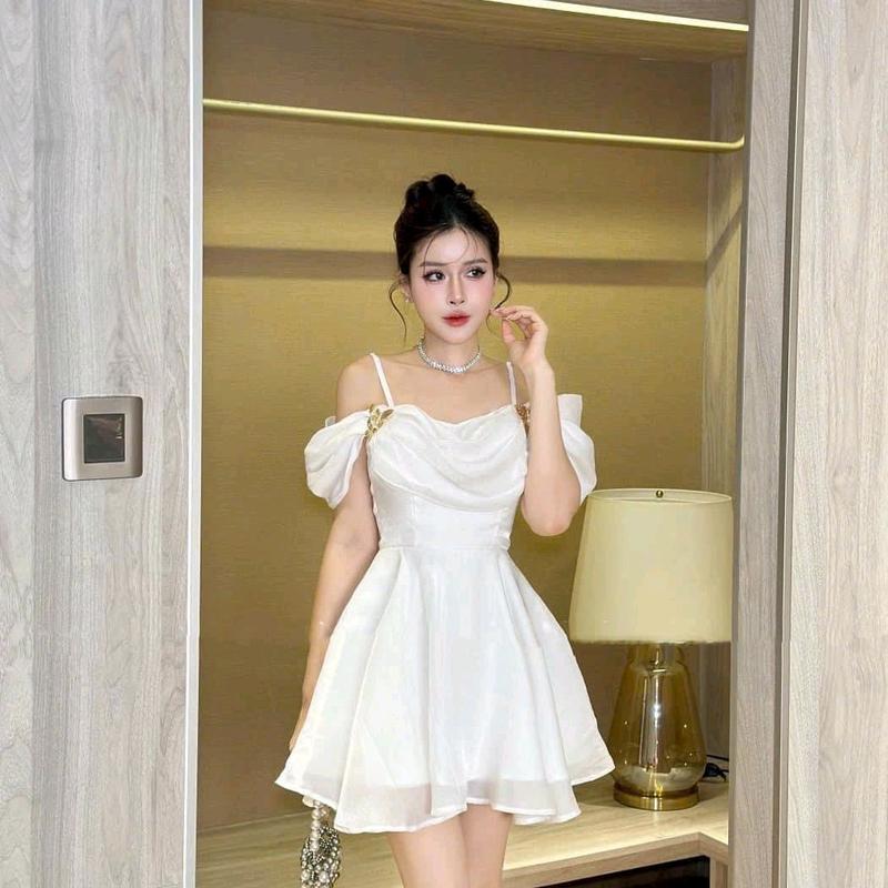 Đầm nữ 2 dây bệt vai tơ ánh kim kèm phụ kiện đi tiệc siêu xinh Women Dress 2