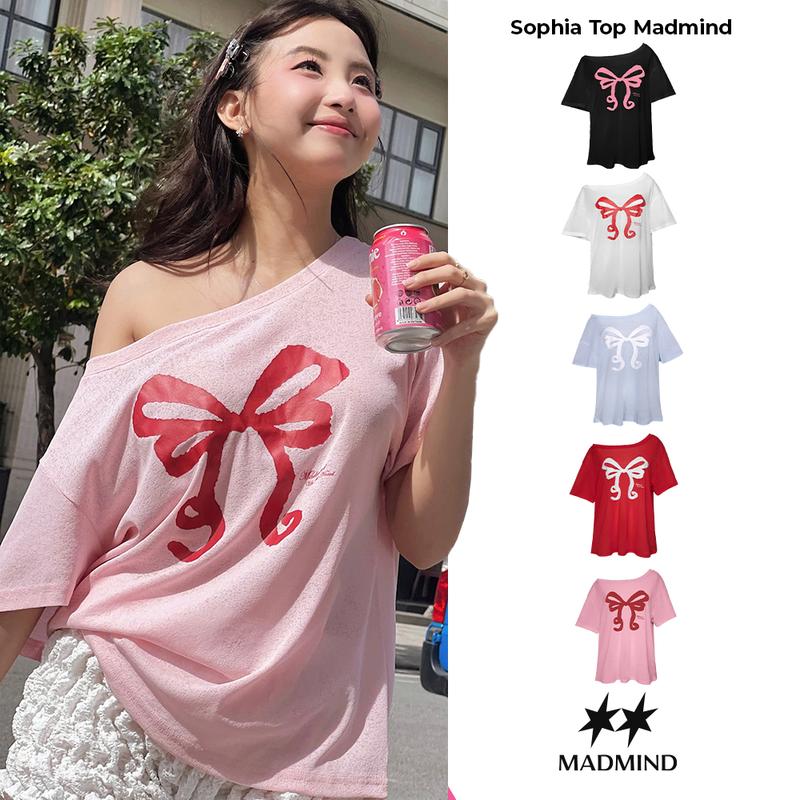 Áo Nữ Trễ Vai Tay Ngắn Thun Giấy Họa Tiết In Nơ Sophia Top MADMIND - Áo Lệch Vai Màu Đen / Trắng / Xanh Dương / Đỏ / Hồng
