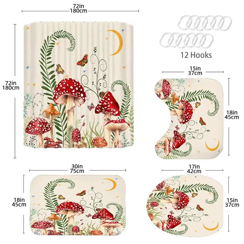 Bộ Rèm Thảm, 4 Cái, Họa Tiết Hình Nấm Và Bướm, Rèm Tắm Polyester Chống Thấm Nước, Có Móc, Thảm Chống Trượt, Thảm Hình Chữ U, Tấm Bọc Nắp Bồn Cầu, Trang Trí Phòng Tắm 3