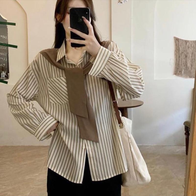 Áo sơ mi khăn kẻ sọc hàng Qc K8 Nữ Top Women Shirt Kem somisoc aoxinh hot 1