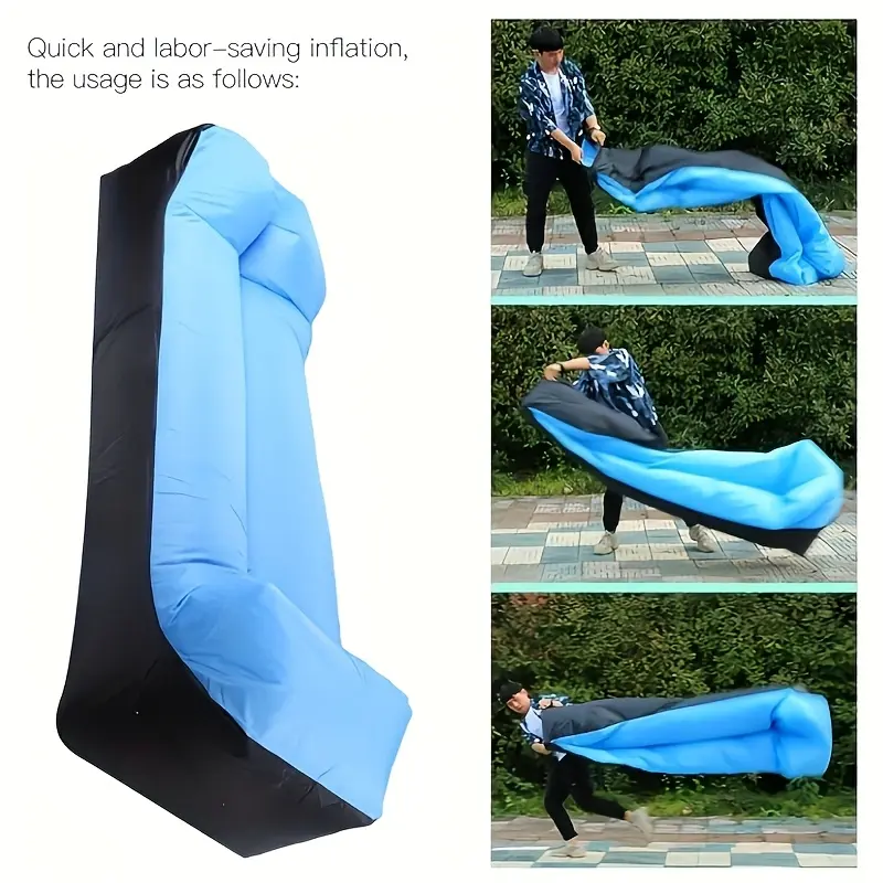 Portable Inflatable Lounger with Pillow - Waterproof, Leak-Proof Air Sofa for Camping, Beach & Outdoor Parties - Easy Setup with Carry Bag, Blue Fabric Design