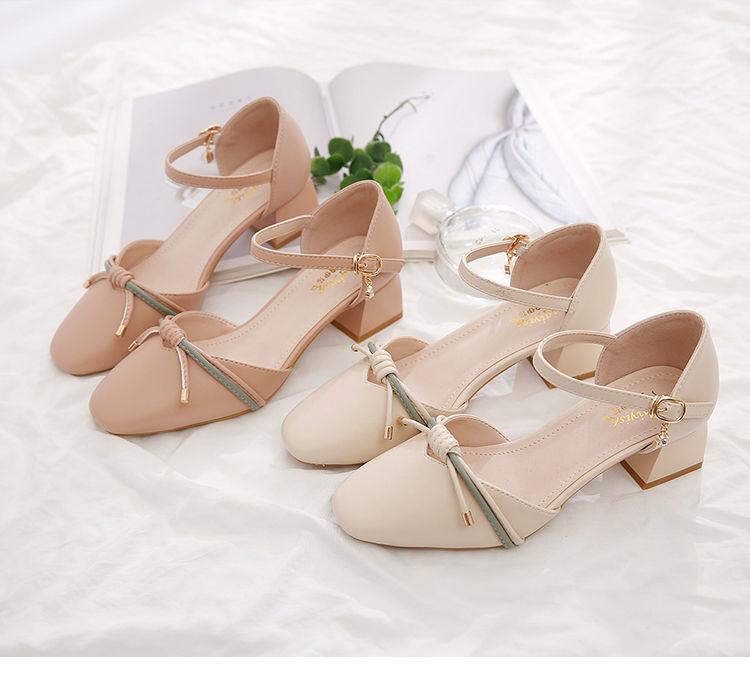Product Introduction of Toe Box Shoes Women's High Heels Mid Heel Summer Chunky Heel Square Toe Hollowed Sandals Buckle All-Match Shallow Mouth Low Heel Shoes 4
