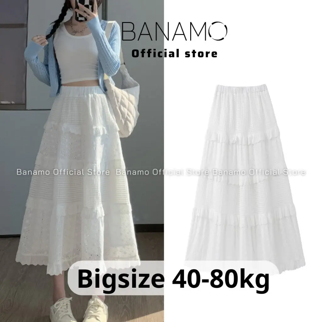 Chân váy nữ BIGSIZE Banamo Fashion chân váy midi dáng xòe viền bèo xếp tầng 2 lớp 5927 Women Voi Voan Kim Tuyến