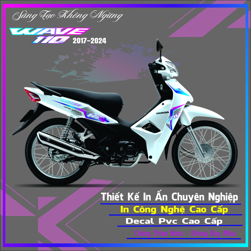 Decal dán cho xe wave 110 đời 2017-2024 dàn áo màu trắng hoạ tiết 7 màu in decal trắng ,Nhãn Dán Tem