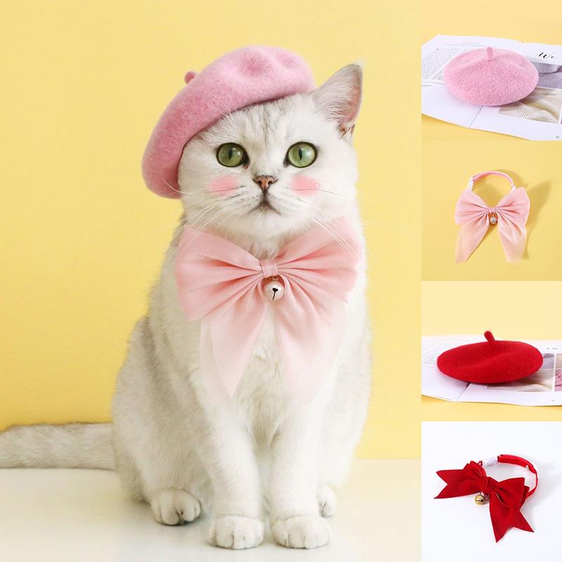 Pet Cat Dog Hat and Bow Collar Cute Soft Beret Adjustable Bow Collar Kitten Puppy Hat Collar Set Pet Accessories 0