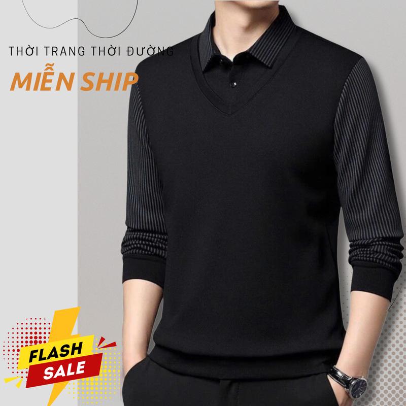 ( B8 ) Áo Cổ Ghi Lê Thun Nam Trung Niên Tổ Ong Siêu Mềm Mịn - Cao Cấp, Áo Kẻo Sọc Tay Dài Kem Nhung Dệt Menswear