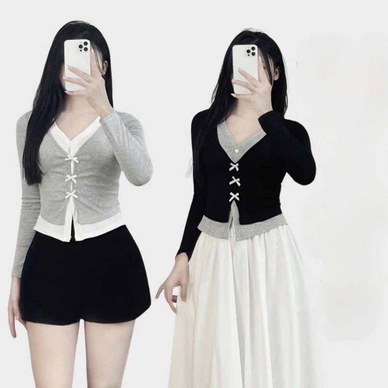  Áo thun form ôm Bigsize 40-85kg  567 chất thun gân cổ V phối 2 lớp vạt xẻ gắn nơ B2 