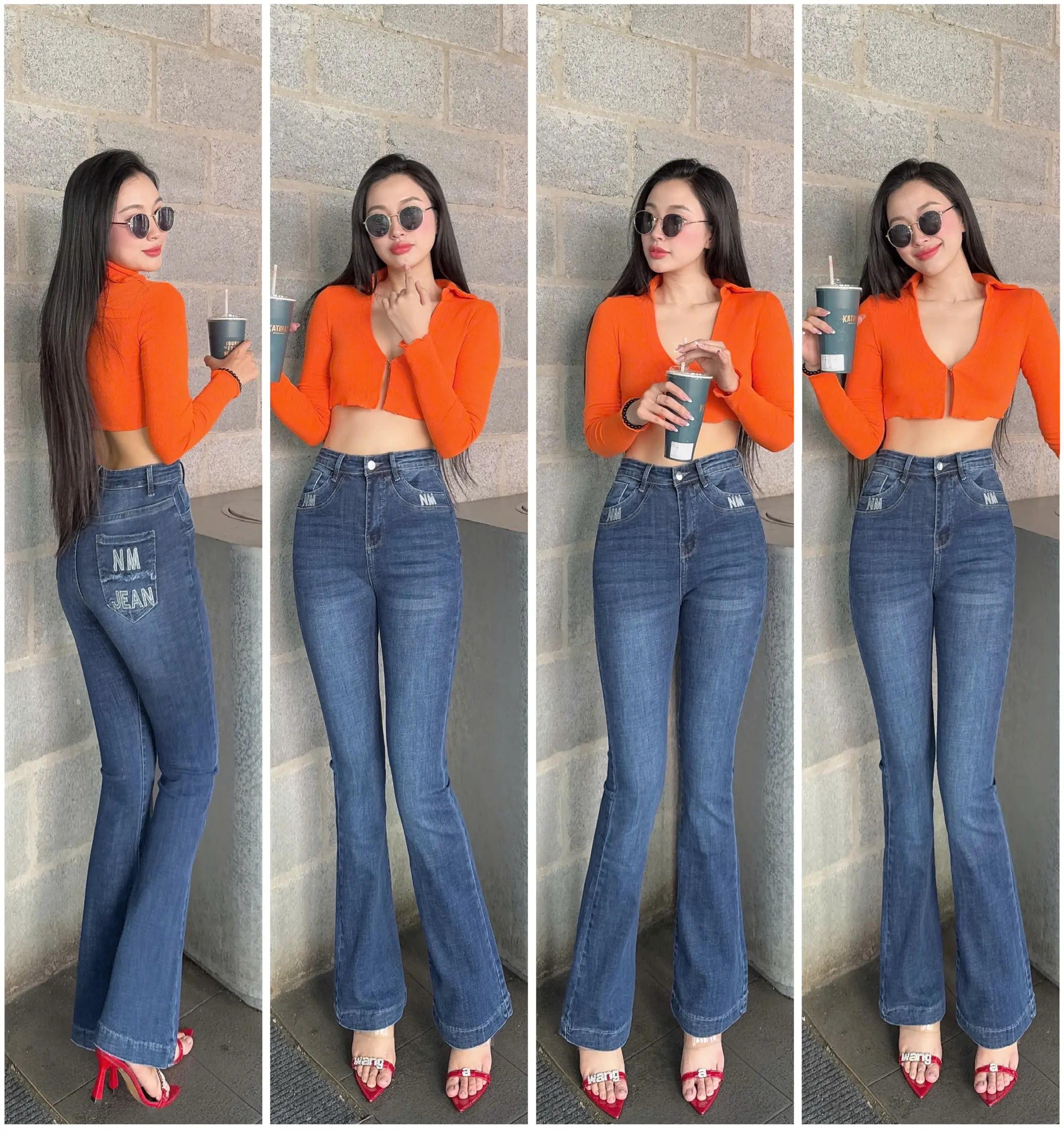 [98-100cm] Quần jean nữ ống loe 1n thêu miệng túi NM Jeans, chất co giãn, đủ size từ 40kg đến 75kg, có 2 màu - Pants, Women