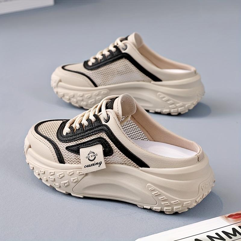 Product Introduction of Women's Breathable Mesh Slip-On Sneakers - Casual Lace-Up, Mid-Heel, Summer Fashion Shoes with Round Toe & TPU Sole, Outdoor, Half Slip-on, Leisure Style 4