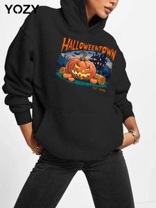 Women's Halloween Town Graphic Drop Shoulder Hoodie, Fashion Casual Letter Print Hooded Sweatshirt for Daily Holiday Outdoor Wear, Women Clothing for Fall & Winter