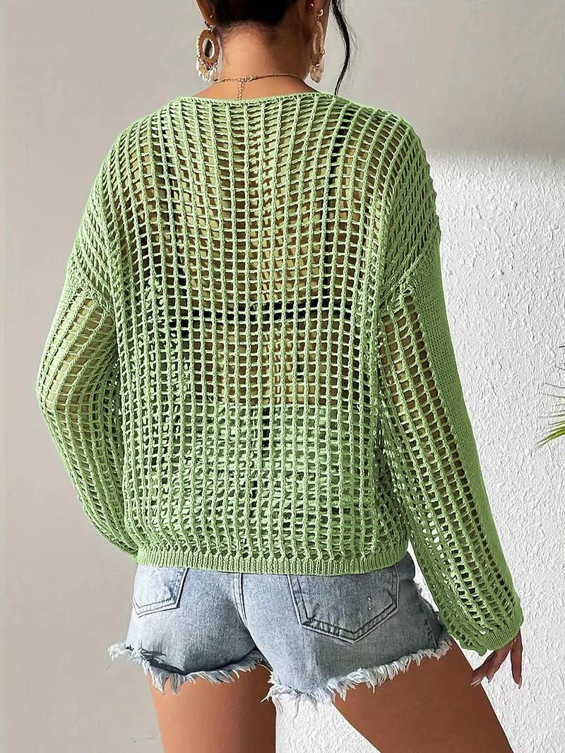 Product Introduction of Women's Plain Hollow Out Pocket Sheer Drop Shoulder Sweater, Casual Long Sleeve Crochet Jumper for Summer, Fashion Women's Knitwear for Daily Wear 2