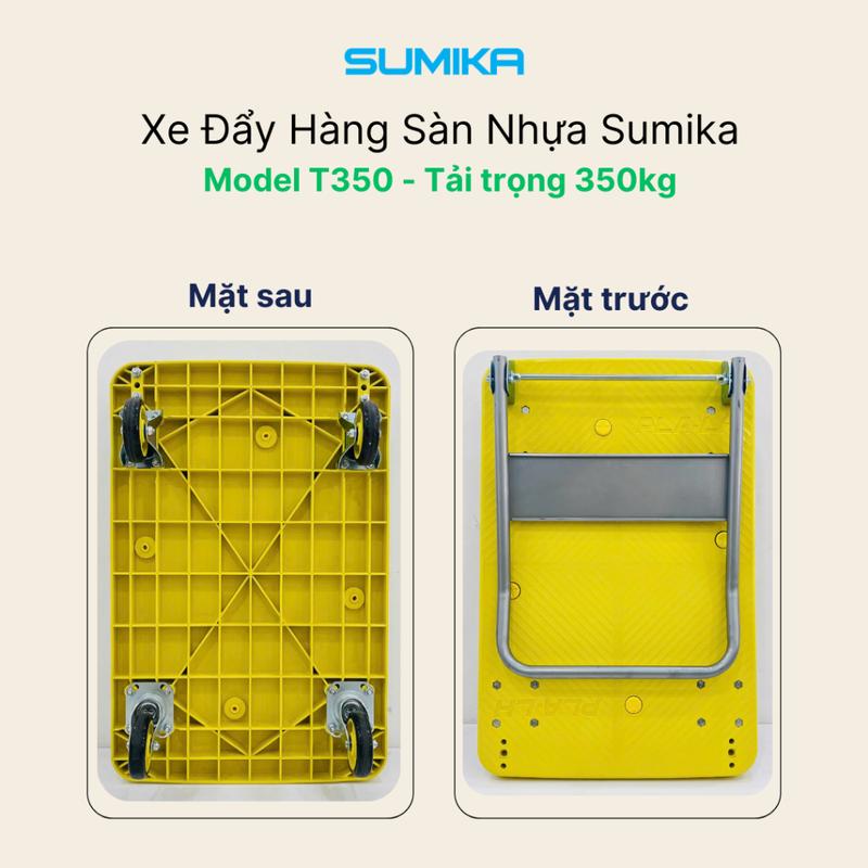Xe đẩy hàng sàn nhựa PP SUMIKA T350, tải trọng 350kg, màu vàng, bánh xe nhựa PU đàn hồi 6
