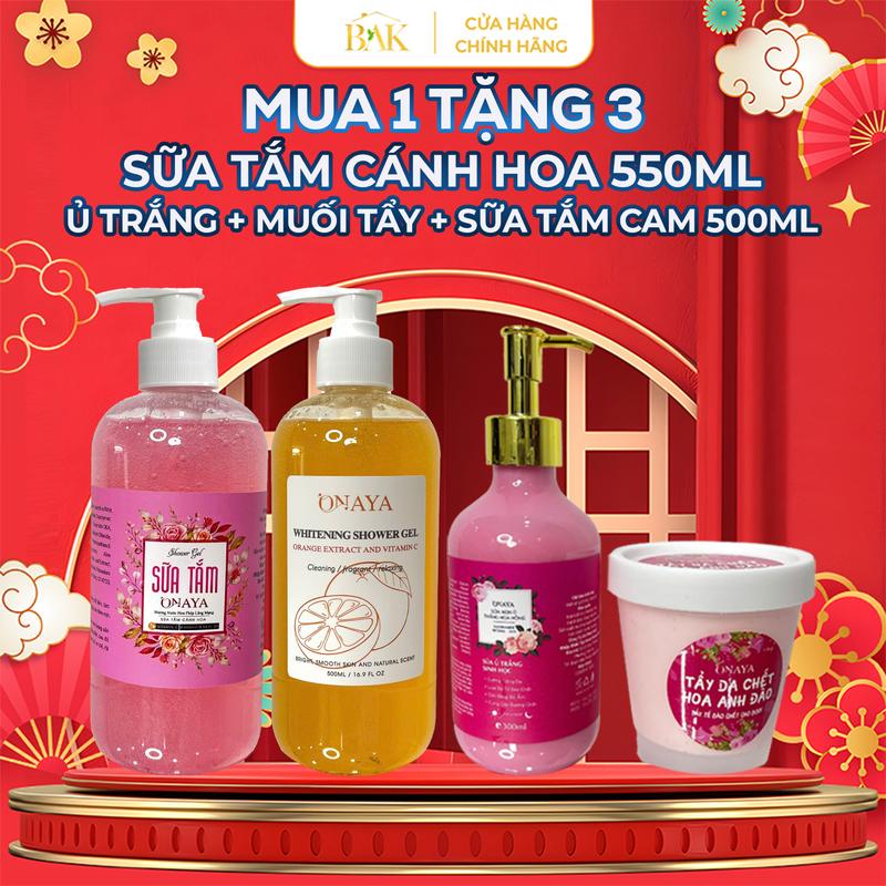 [MUA 1 TẶNG 3] Sữa Tắm cánh hoa 550ml Onaya hương nước hoa + Tặng (1 Sữa tắm cam 500ml hương nước hoa + 1 Ủ trắng sữa non 300ml + 1 Tẩy tế bào chết hoa anh đào) Dưỡng Body