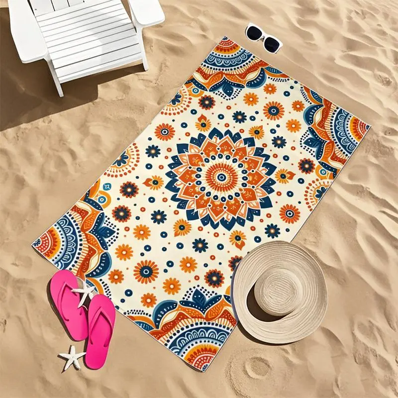 Boho Style Floral Pattern Beach Towel, 1 Count Portable Water Absorbent Towel, Quick Drying Towel for Pool, Spa, Beach, Vacation, Flower 3