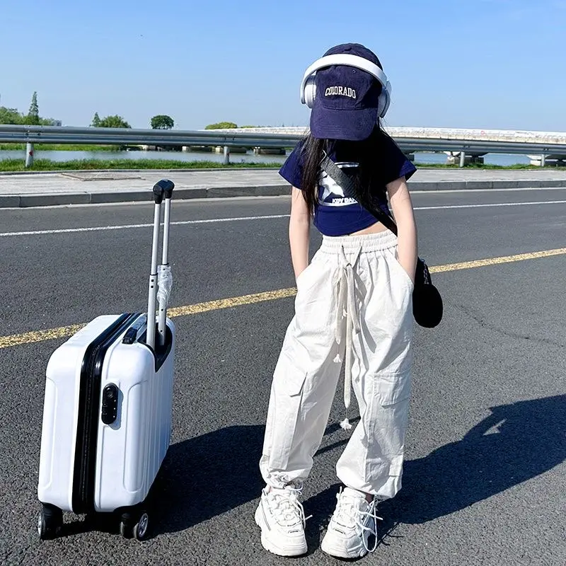 Quần Yếm Có Túi Lớn Cho Bé Gái, Quần Nhanh Khô Cho Trẻ Em, Phong Cách Đường Phố Nóng Bỏng, Cạp Cao, Buộc Mắt Cá Chân, Quần Ống Thẳng Hợp Thời Trang, Mùa Hè