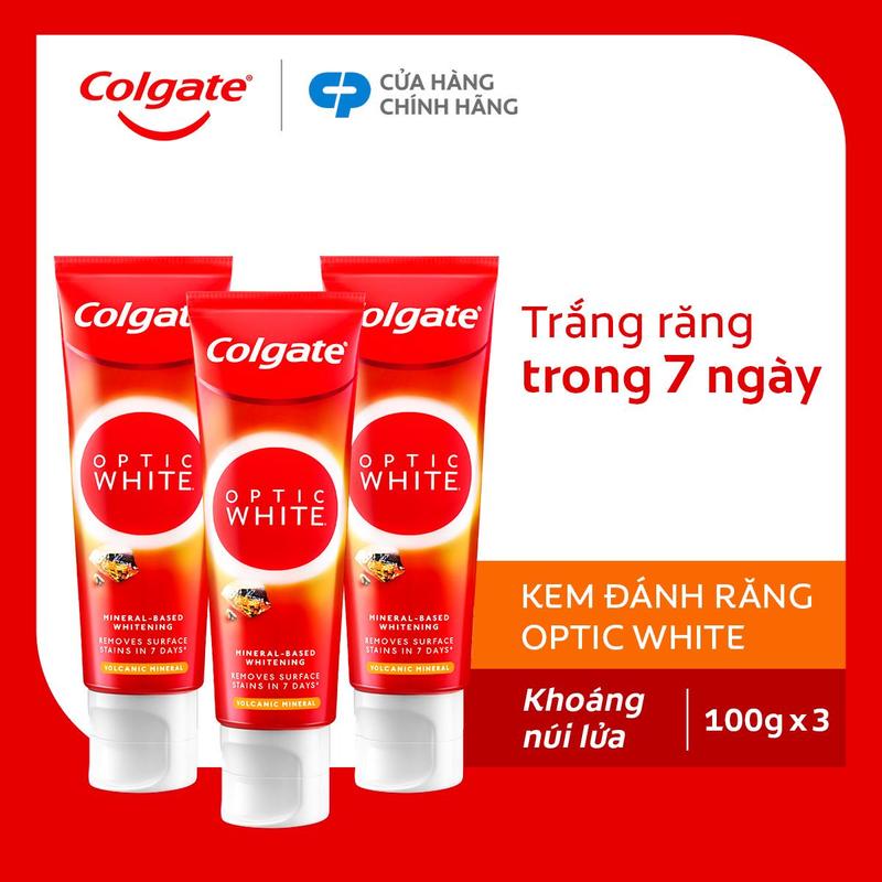   Flash Sale  Bộ 3 Kem đánh răng Colgate Optic White hỗ trợ trắng răng từ tinh thể khoáng trắng và khoáng núi lửa 100g 
