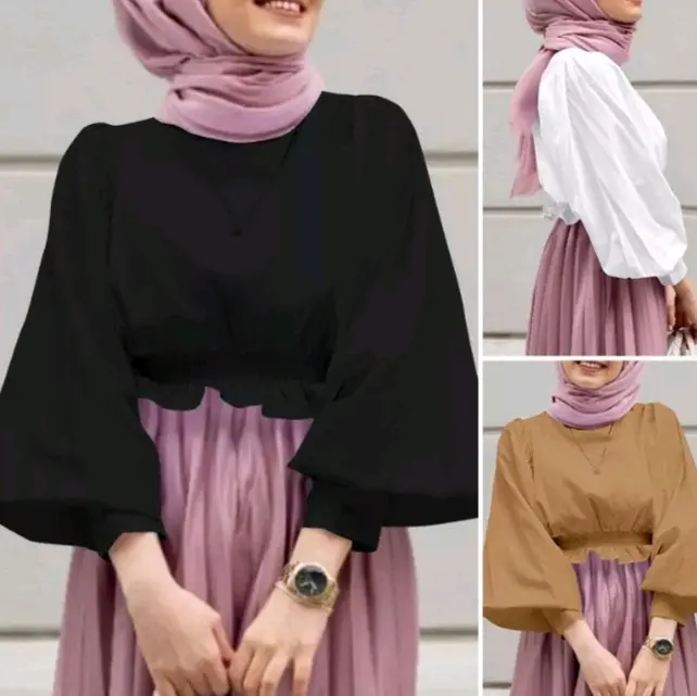 Hanifah Blouse Polos Baju Atasan Wanita Kekinian 2023 Viral Lengan Panjang Crop Top hijab muslim terbaru Kancing Oversize Crinkle  Airflow Remaja Dewasa Katun
