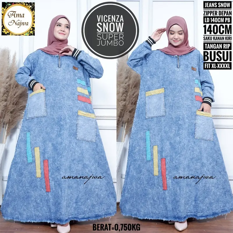 Gamis Jeans Wanita Muslim Panjang Terbaru dan Trendy Ld 140 cm Pb 140 cm Jumbo Size Zipper Depan Bawah Rawis Lengan Ribb Aplikasi Tempel Best Seller Recommended Fit High 2