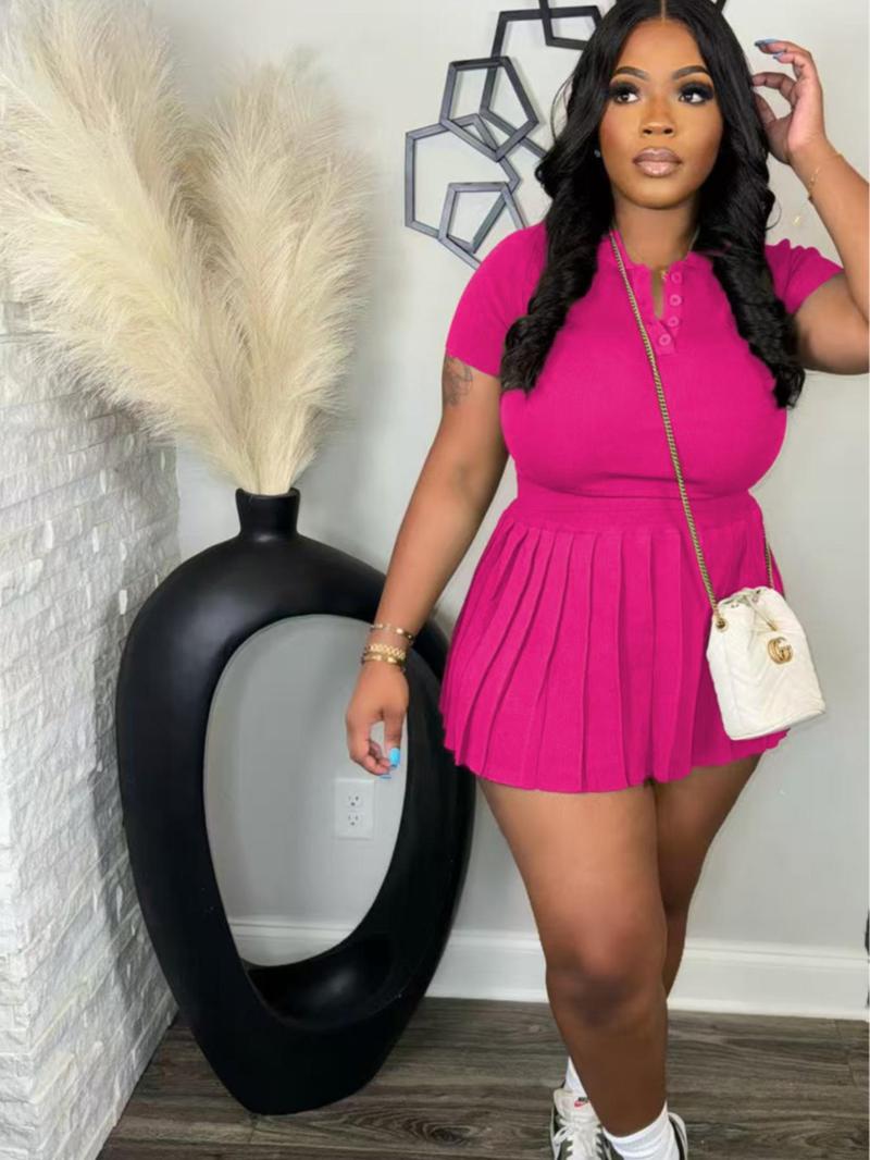 Product Introduction of Women's Solid Color Polo Neck Crop Top & Pleated Skirt Two-piece Set, Casual Short Sleeve Crop Top & High Waist Skirt for Summer, Ladies Clothes for Daily Wear 12