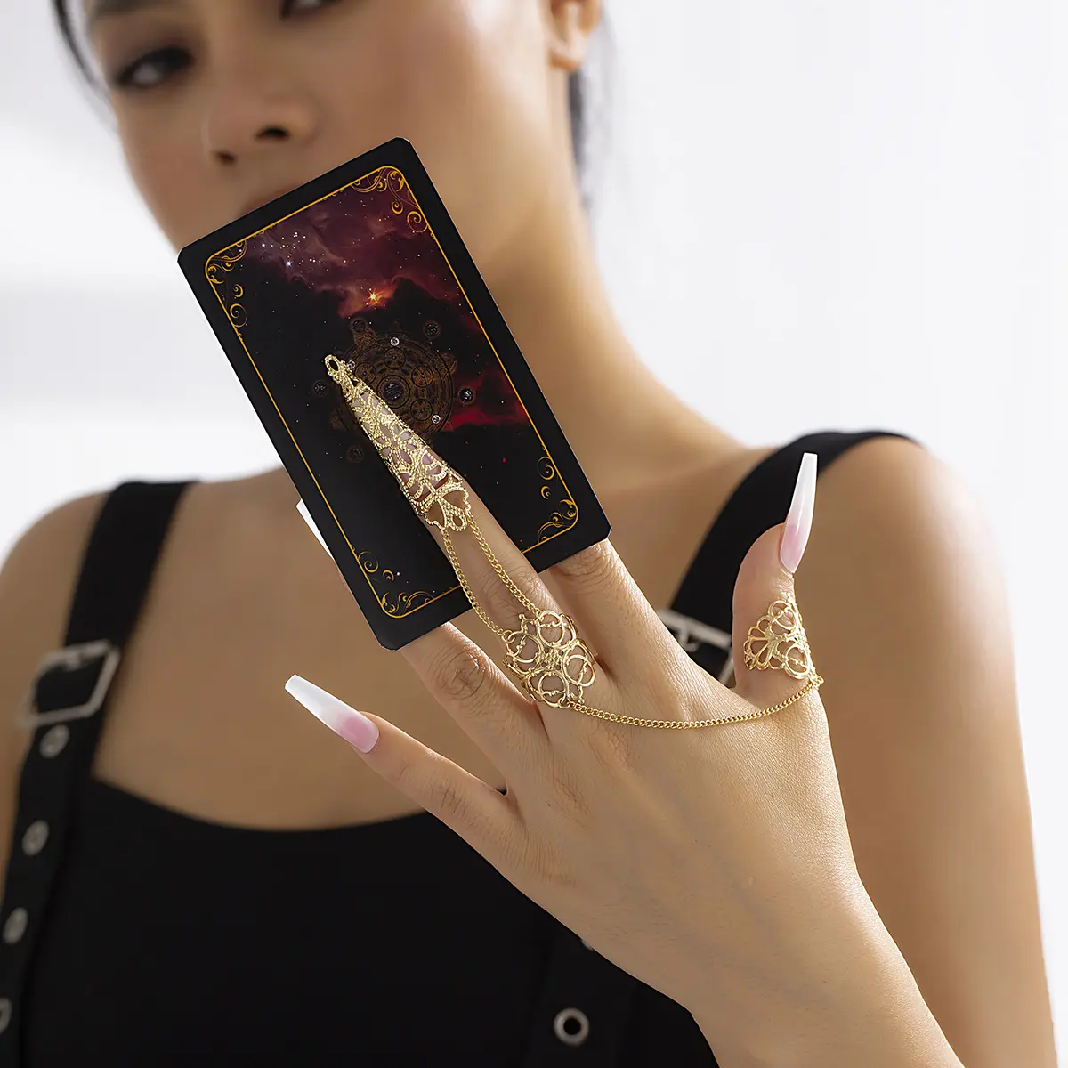 Europe and America Cross Border Ornament Gothic Style Hollow Tapered Fingernail Cap Ring Niche Metal Tassel Ring for Women
