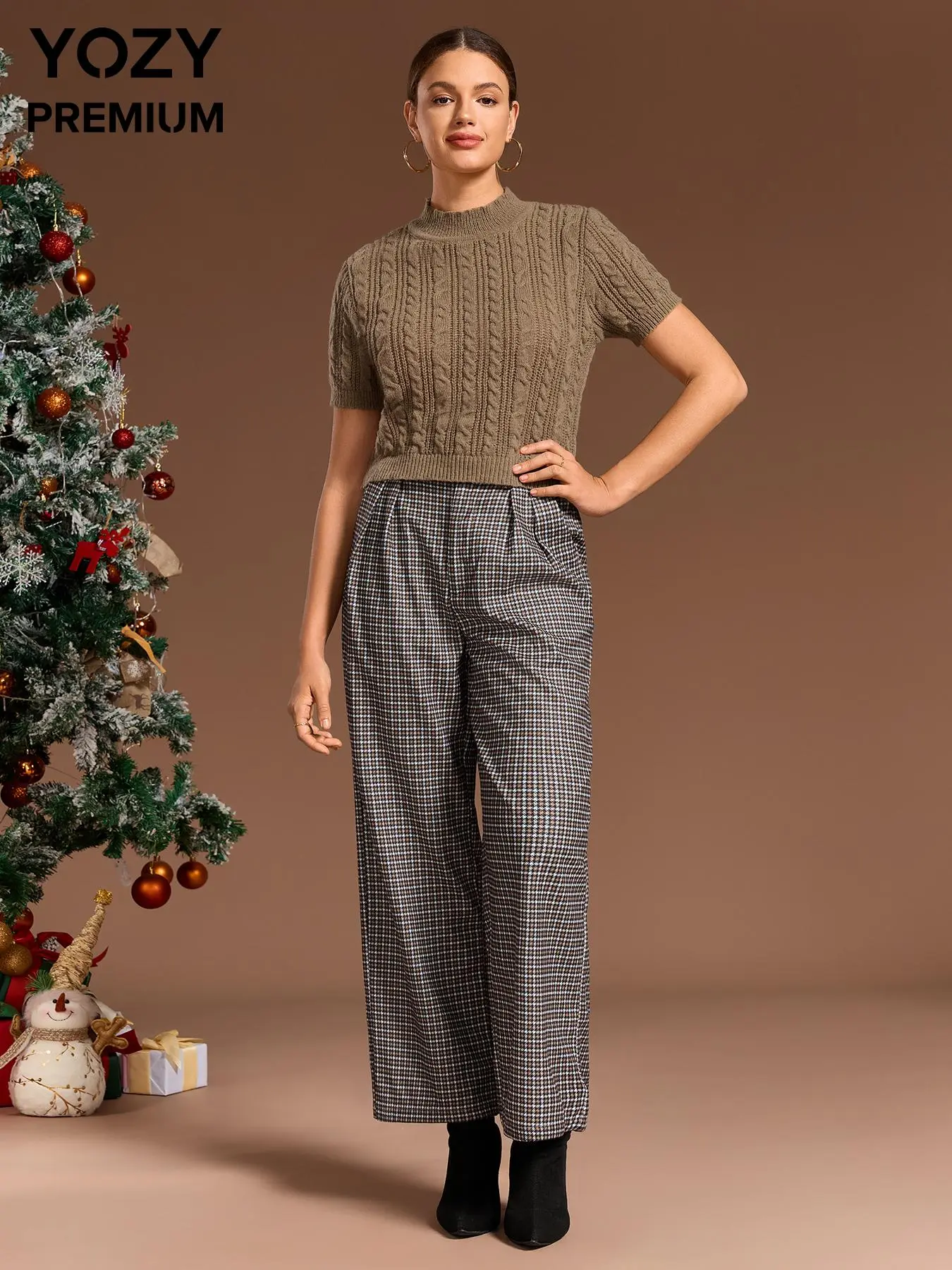 YOZY Two-piece Set Women's Solid Textured Top & Plaid Zipper Trousers, Short Sleeve Top & Pocket Wide Leg Pants for Spring & Fall, Women's Clothes for Daily Wear