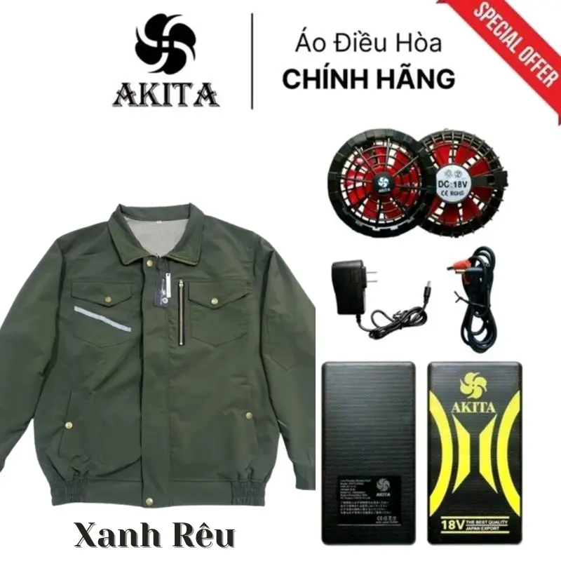 Bộ áo Điều hòa Nhật Bản cao cấp AKITA 2024 Pin khủng 74.000mAh + Quạt 18V . Áo 2 lớp vải 3.1 dày dặn áo điều hòa