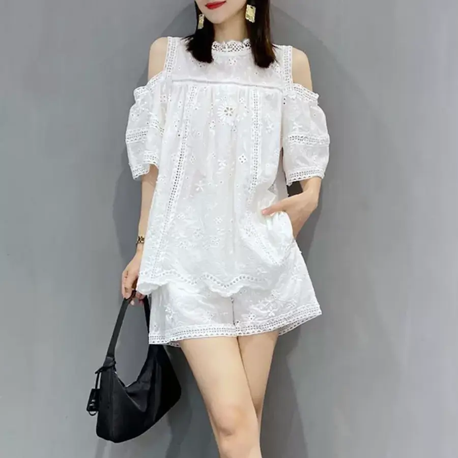 Set Bộ Suông Khoét Vai Cotton Thêu Cao Cấp Sang Trọng Nữ Áo Women Top Voi Sen Nhung Polo Quần Nho