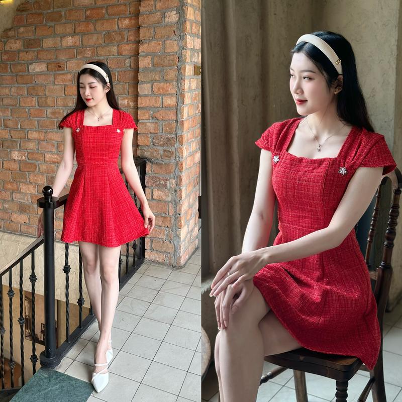 [D03] Đầm Dạ xước ánh kim dáng A cách điệu _ Anh Thư