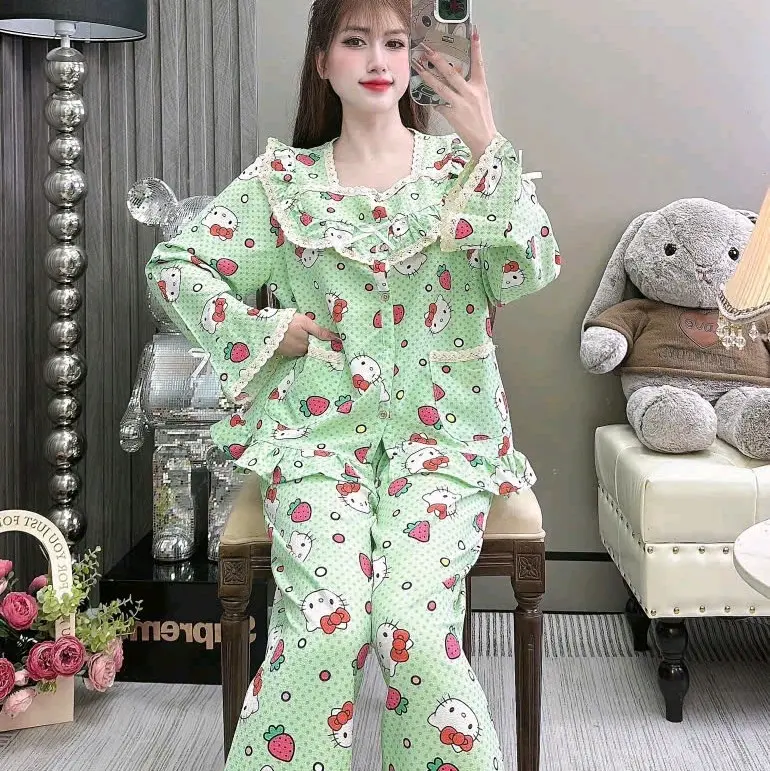 Bộ tiểu thư tay dài 40/60kg viền ren nhúng bèo chất đũi sốp .đồ mặc nhà thoáng mát Nhung Tim 6