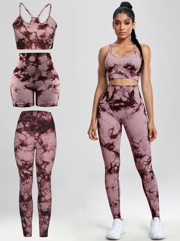 Three-piece Set Women's Tie Dye Print Tracksuit Set, Casual Sports Bra & High Waist Leggings & Biker Shorts, Ladies Sportswear for Yoga Gym Workout 2