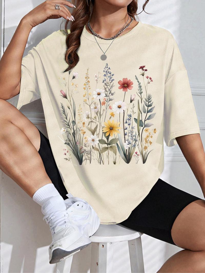 Product Introduction of Women's Floral Print Round Neck Tee, Casual Drop Shoulder Short Sleeve T-shirt, Ladies Summer Clothes, Tops for Women, Clothing 11