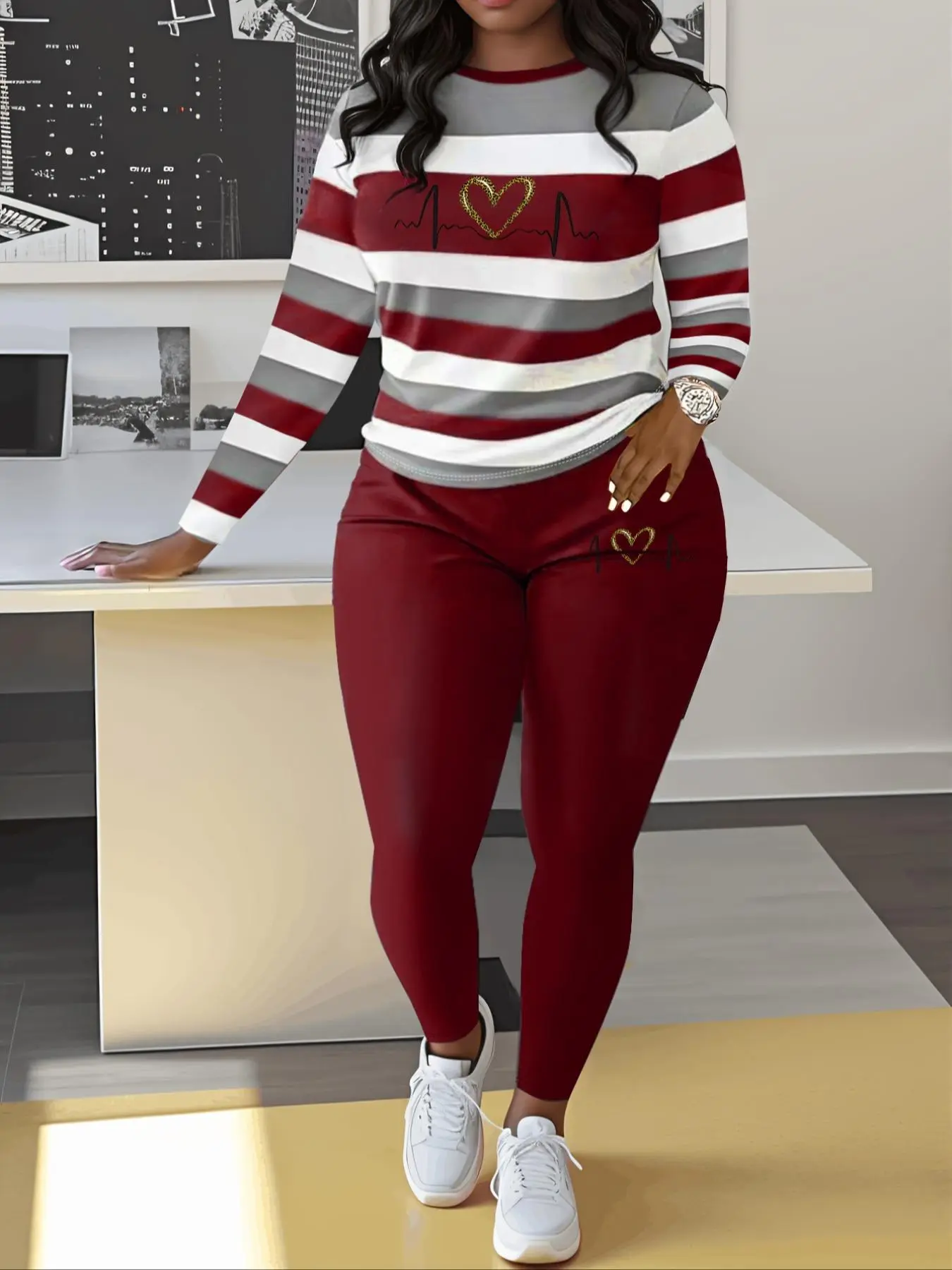 Women's Striped Print Long Sleeve Tee & Skinny Pants Two-piece Set, Casual Round Neck Top & Trousers for Fall & Winter, Women's Clothes for Daily Wear