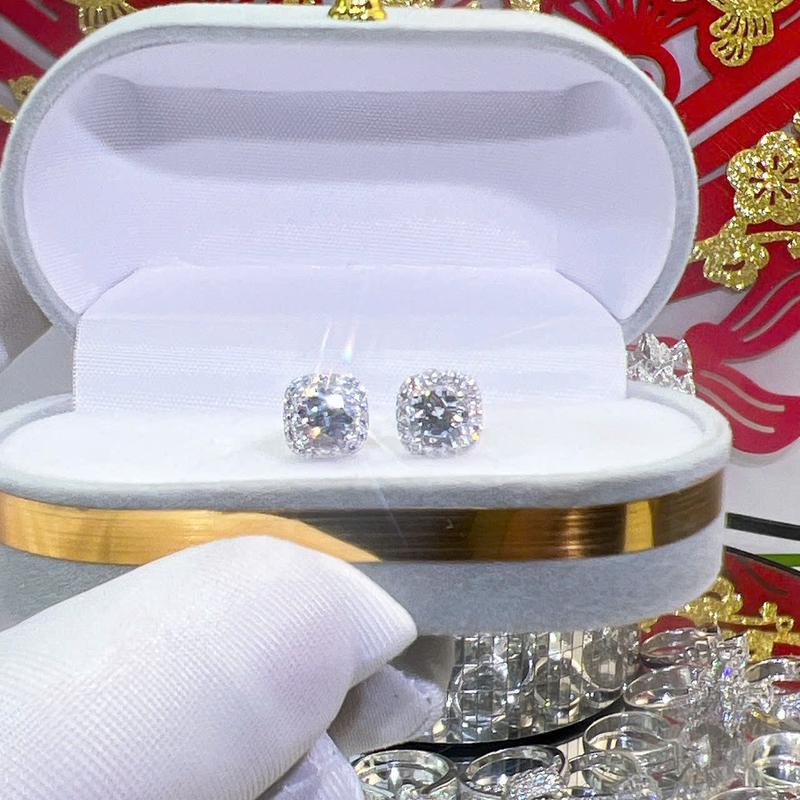 (Phú Vinh Jewelry)- Bông tai nữ, Bông vuông bầu vỏ xoàn chốt vặn tim, xinh xắn sang trọng