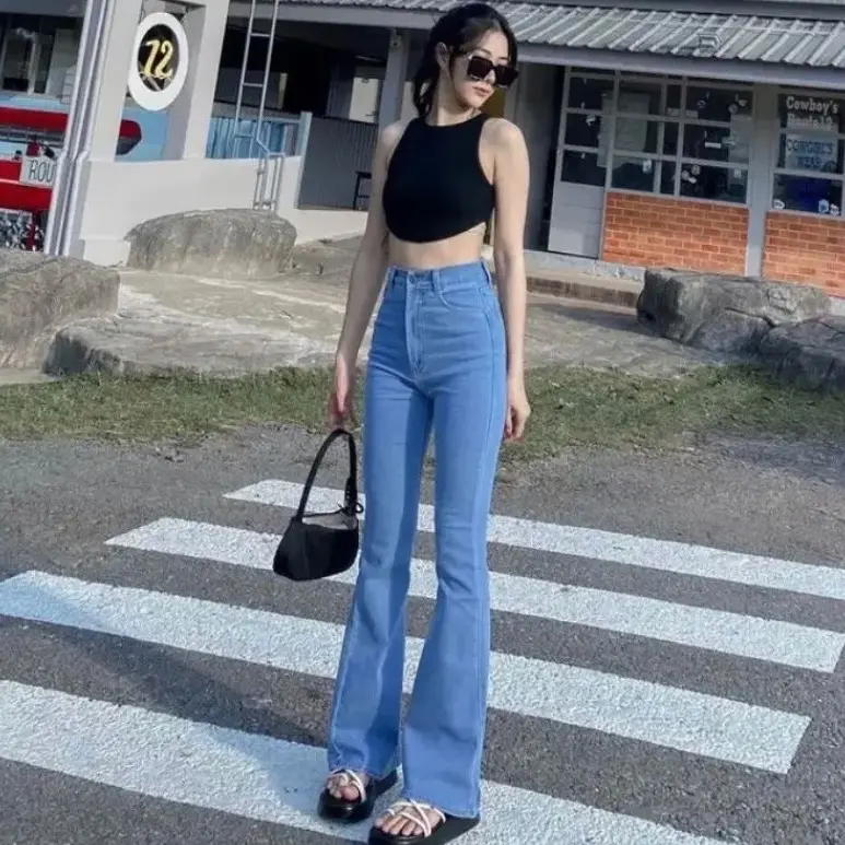 JINSKUY - Highwaist Cutbray Jeans Wanita Koreanstyle Jeans Stretch 1