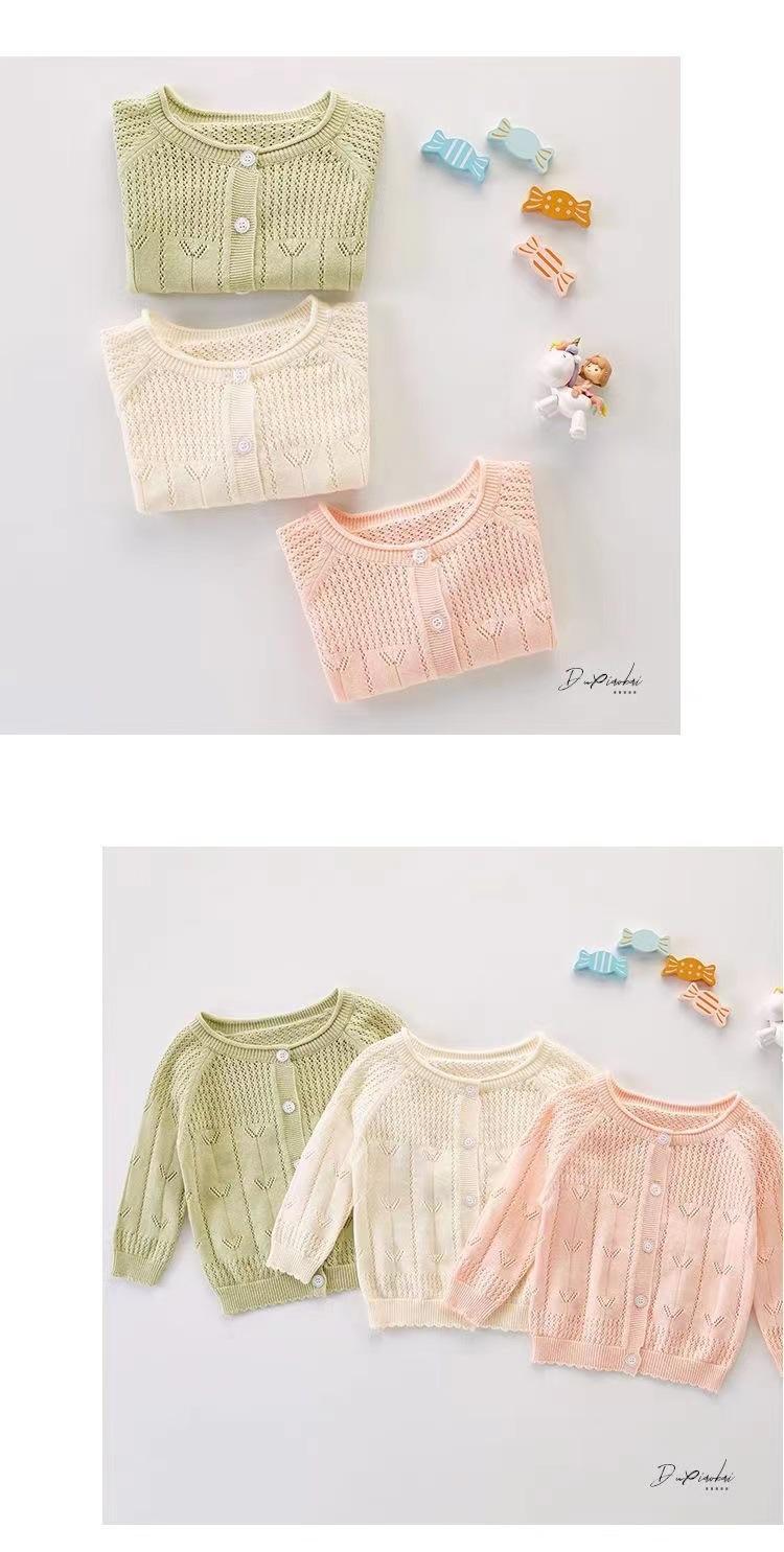 Product Introduction of 2024 Girl's Knitted Cardigan Spring/Summer Thin Office Cardigan Outwear Baby and Infant Sun Protection Shirt Hollow out Coat 3