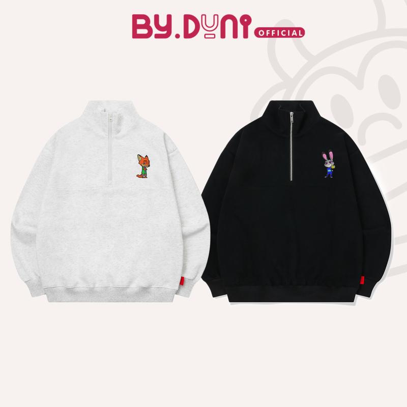 Áo Sweater Half zip THÊU cặp đôi BY.DUNI unisex form rộng, áo khoác nỉ cotton có dây kéo THỎ CÁO