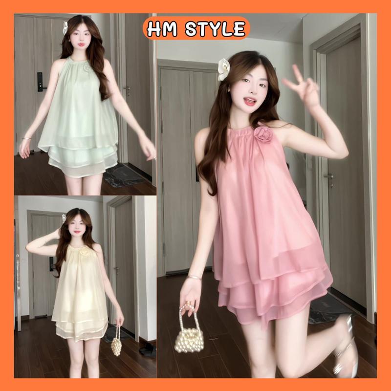 Set áo voan cổ yếm tiểu thư kèm chân váy xoè tầng phối hoa cài set bộ đồ nữ phong cách tiểu thư dễ thương HB378