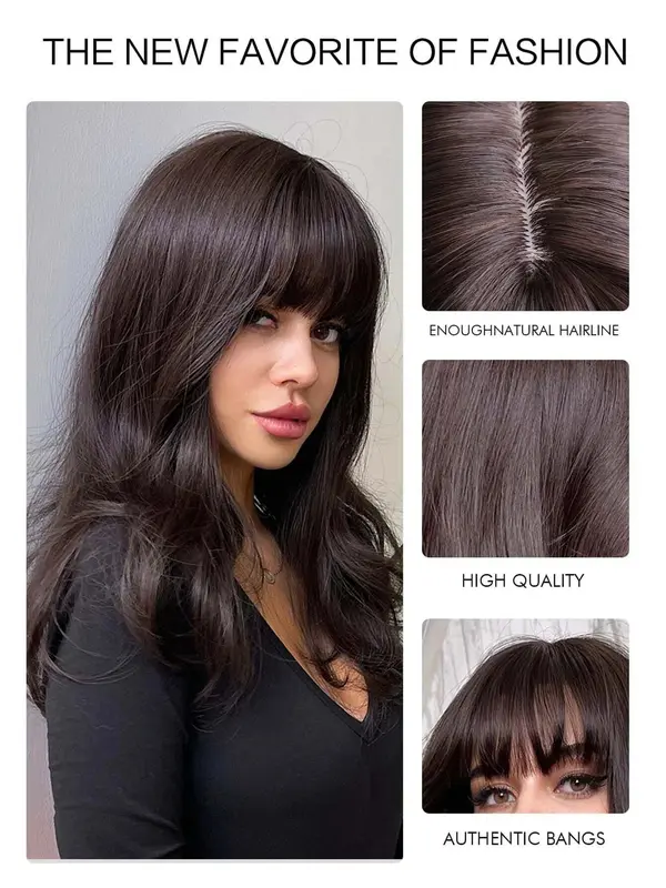 Natural Looking Long Body Wavy Wigs for Women, Gorgeous Fluffy Wigs with Air Bangs, Synthetic Full Machine Wigs for Party Photography, Daily Use 5