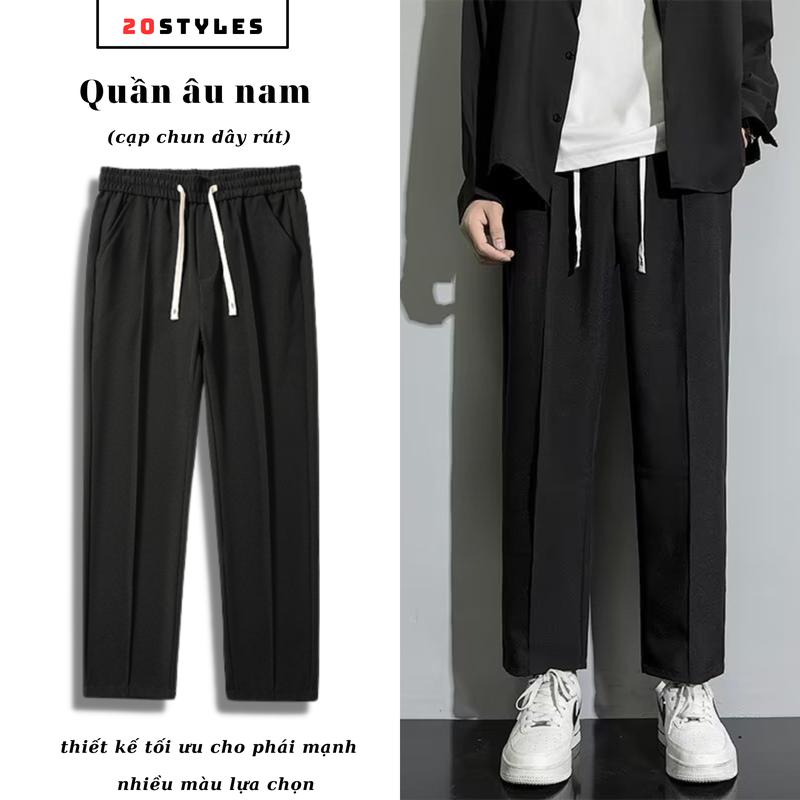 Quần Âu Nam Suông Cạp Chun Dây Rút Vải Tuyết Hàn Phong Cách Hàn Quốc 2024 Menswear Pants Màu Đen quần  cap