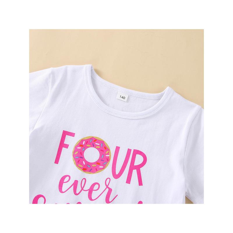 Product Introduction of Kids Girls T-shirt Trousers Set Letter Doughnut Print Short Sleeve Tops and Casual Flare Pants Headband Outfit 36