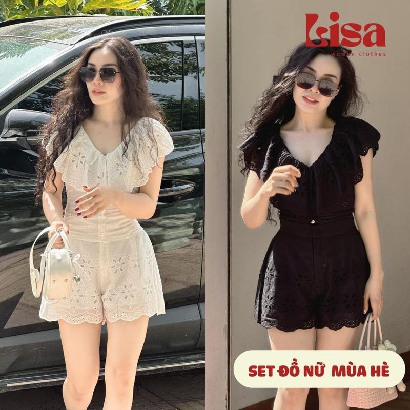 Bộ đồ nữ mùa hè sang chảnh BS04, Set đồ nữ áo cổ tim kèm quần short chất ren Hàn mát mẻ 0