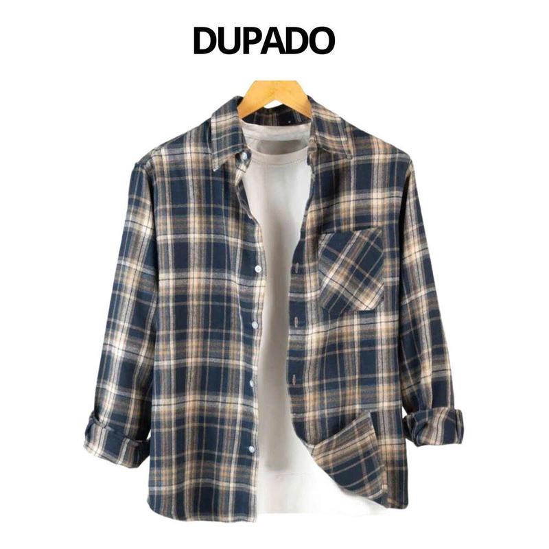 Áo Sơ Mi Flannel Kẻ Caro Dài Tay Nam Nữ Caro DUPADO Chất Liệu Dạ Cotton Có Cổ Bẻ Màu Đen Kẻ Sọc - Menswear Jean Shirt Kem