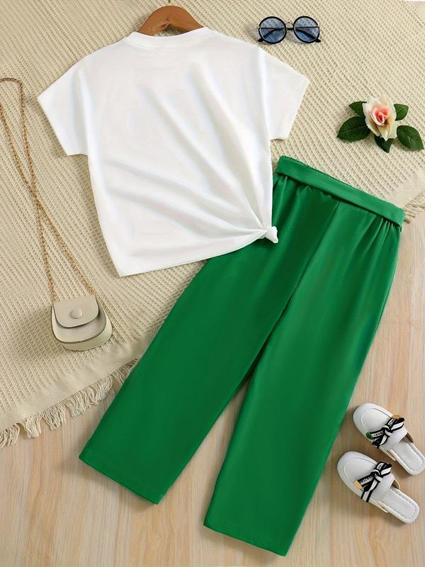 Two-piece Set Girl's Figure Letter Print Tee Top & Belted Straight Leg Pants Set, Round Neck Short Sleeve T-shirt & Elastic Waist Trousers for Daily Wear, Kid's Summer Clothes 1