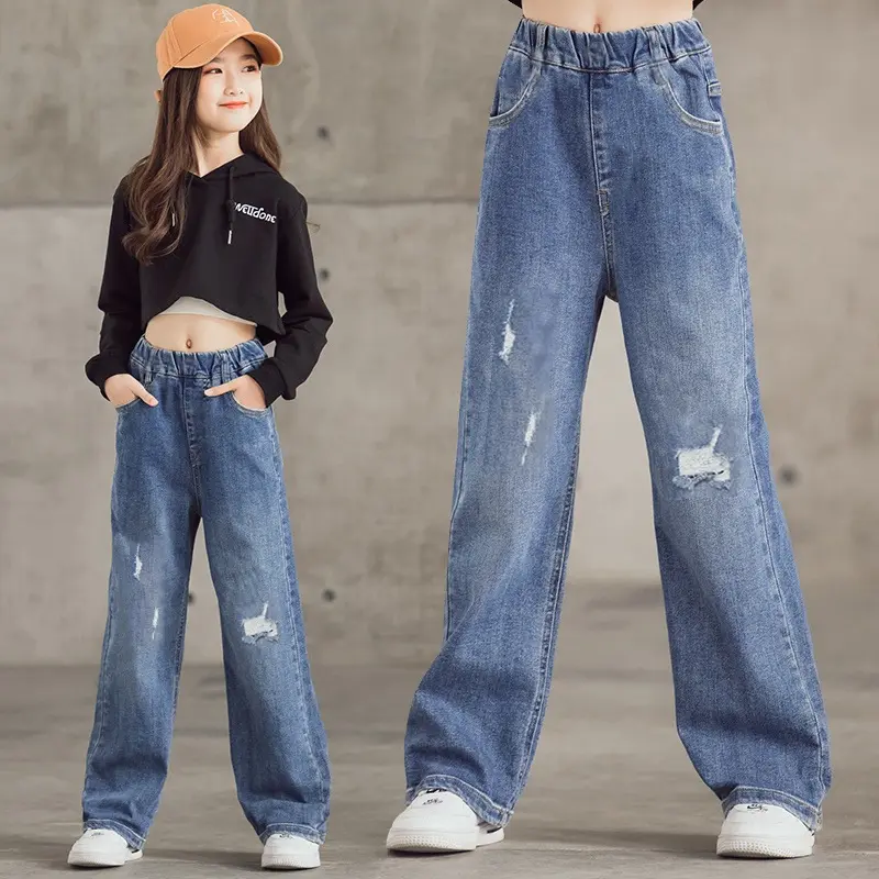 Wide Leg Maong Pants for Kids Girl Casual Trendy Fashion Pantalon for Kids Girl Korean Fashion Baggy Soft Denim Pants for Teen Kids Girl