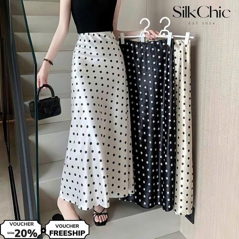 Chân Váy Lụa Dáng Dài Đuôi Cá Xòe Nhẹ Họa Tiết Chấm Bi SC606 Chất Lụa Cao Cấp Siêu Tôn Dáng Sang Trọng