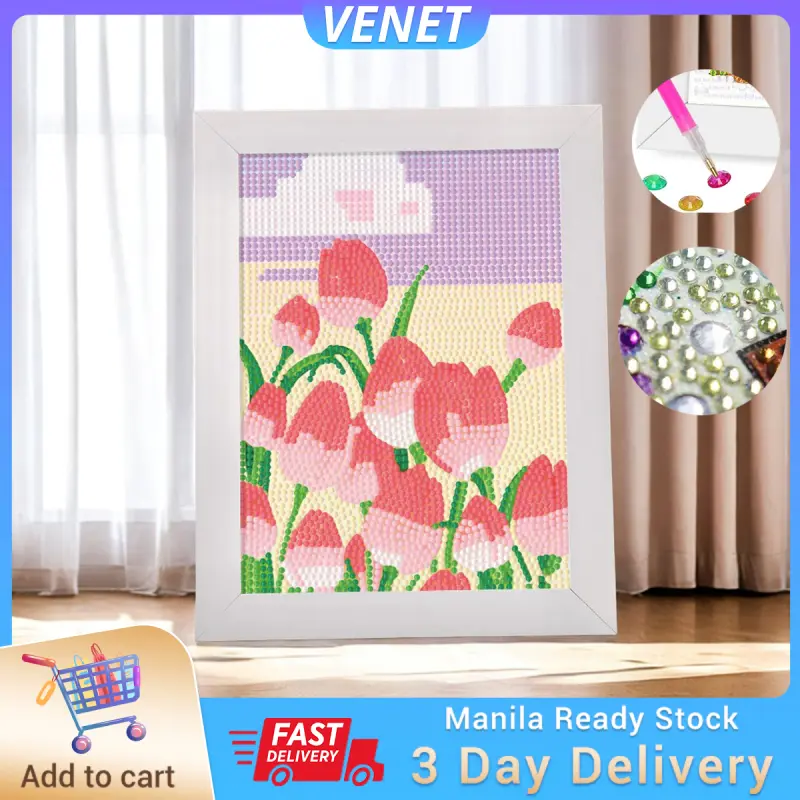 Tulips Rhinestone Painting Kits for Adults, Abstract Flower 5D DIY Full Drill Round Rhinestone Arts Craft Vintage Spring Flowers Picture Home Wall Decor DIY Painting with Frame