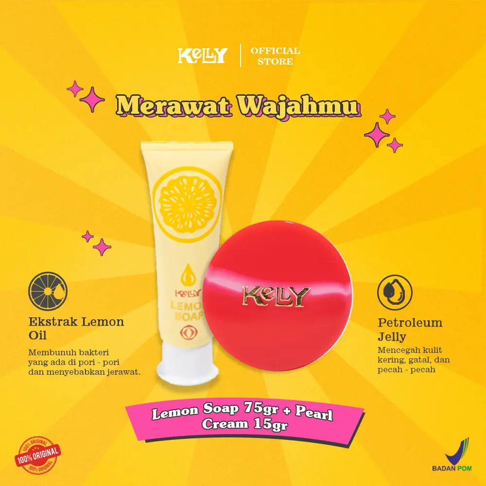 Kelly Lemon Soap 75gr + Kelly Pearl Cream 15gr Original BPOM