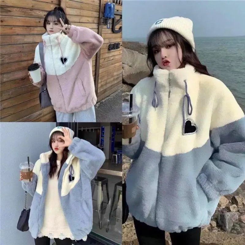Áo khoác lông cừu thêu trái tim logo phối màu trắng xanh form rộng, Áo lông cao cổ thể thao nam nữ unisex hàn quốc, áo ngủ nữ mùa đông YAN BOO
