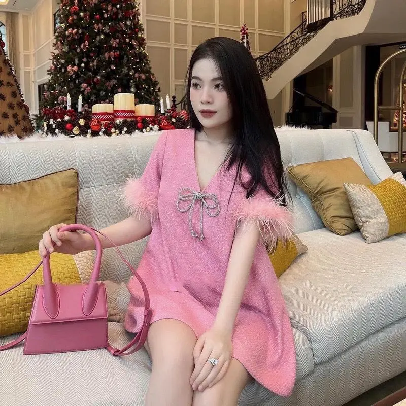 Váy Hồng Tiểu Thư Bae Chic Vải Dạ Tweed Cao Cấp Phong Cách Chiết Eo Dáng_yenmannhi_bigsize_sữa hết gầy - Dress vaydodonnoel  vay mactet Voi Voan Đen yếm  xinh váy  lệch vay  body váy  nữ Women sơ 2