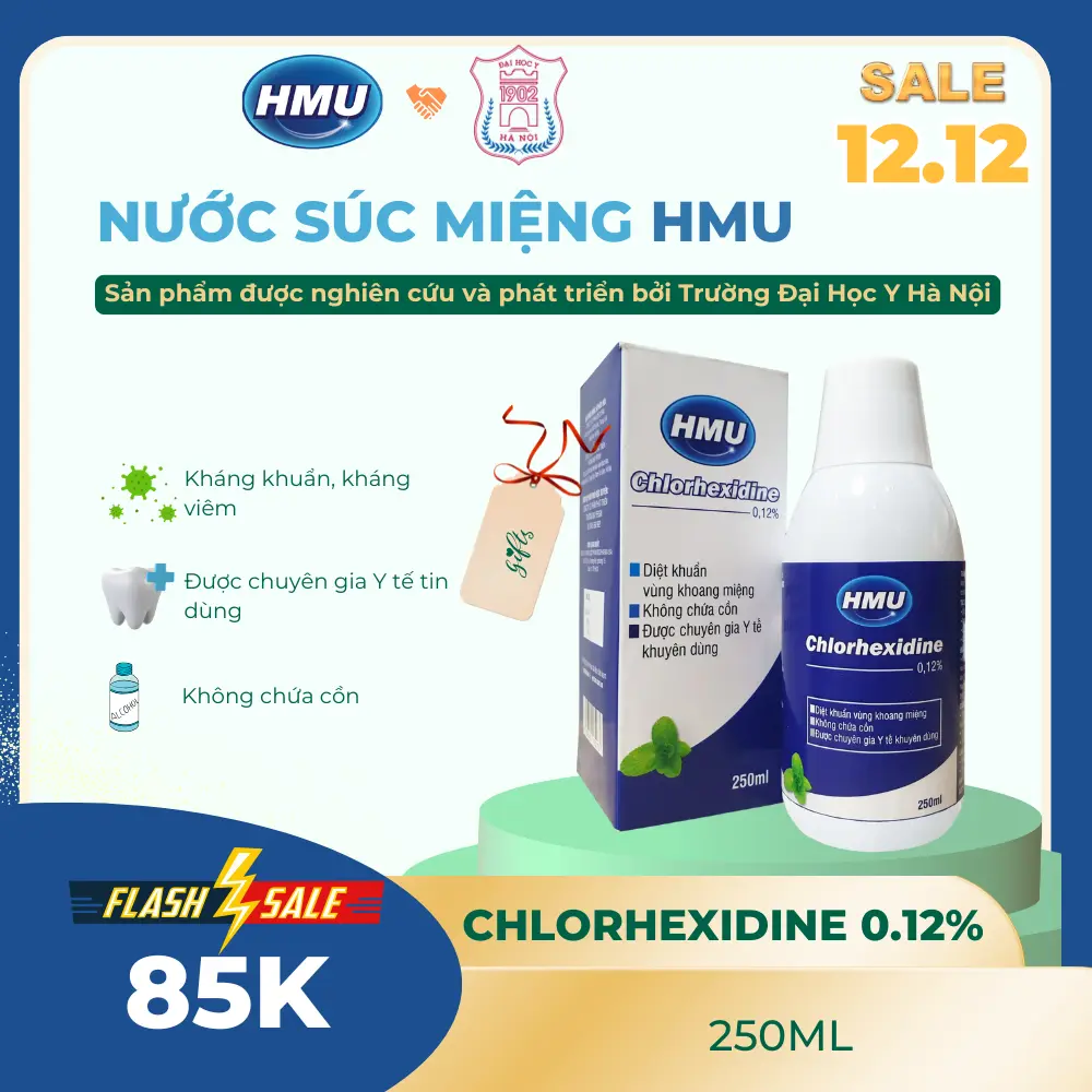 Nước súc miệng HMU - Chlorhexidine 0,12% Điều trị viêm nướu, viêm quanh răng, giúp hơi thở thơm mát